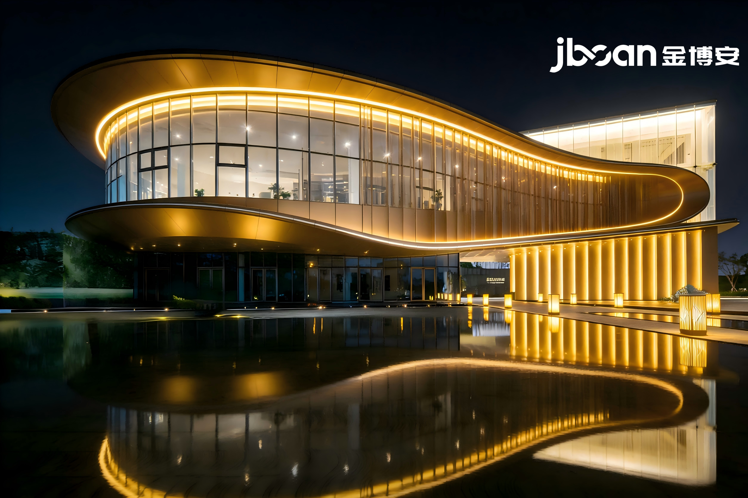 光影筑境，静谧奢享：JBOAN金博安点亮万境水岸售楼处夜景(图3)